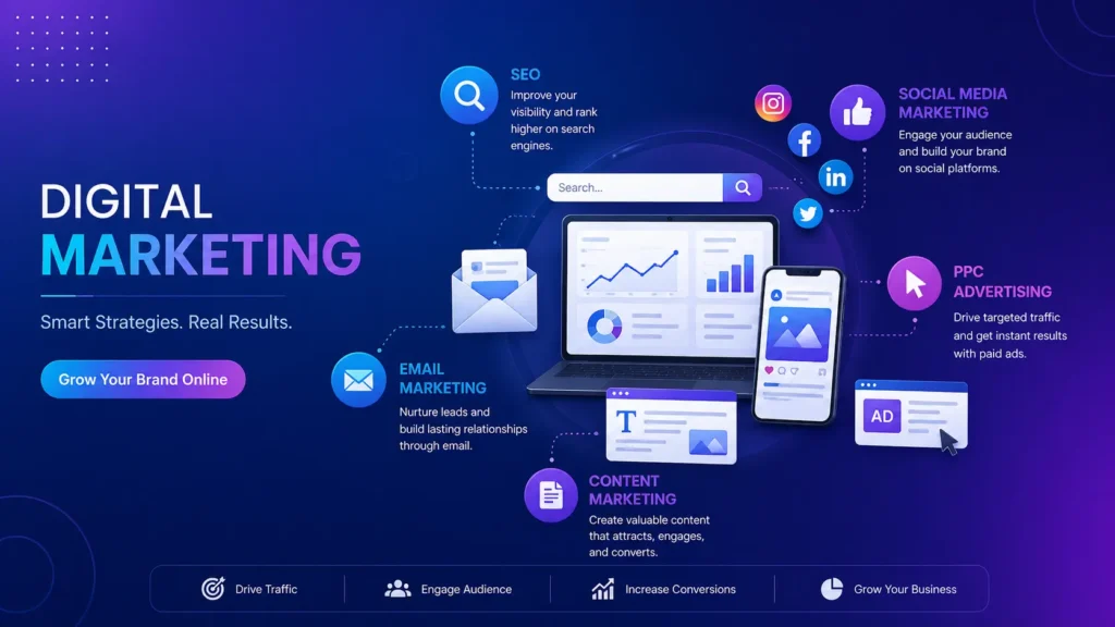 Digital marketing services including SEO, PPC, social media, and email marketing.